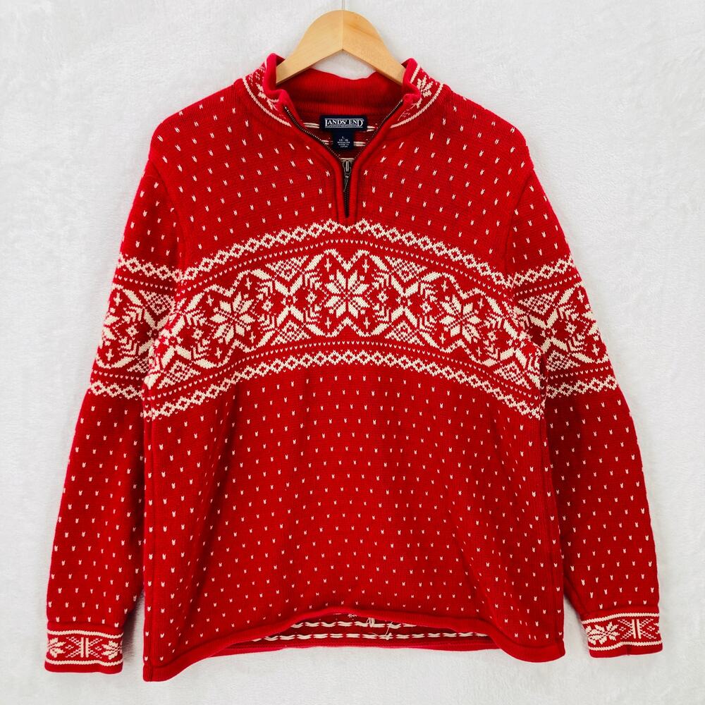 Vintage Lands End Sweater Womens Large Red Snowflake Nordic Quarter Zip Japan